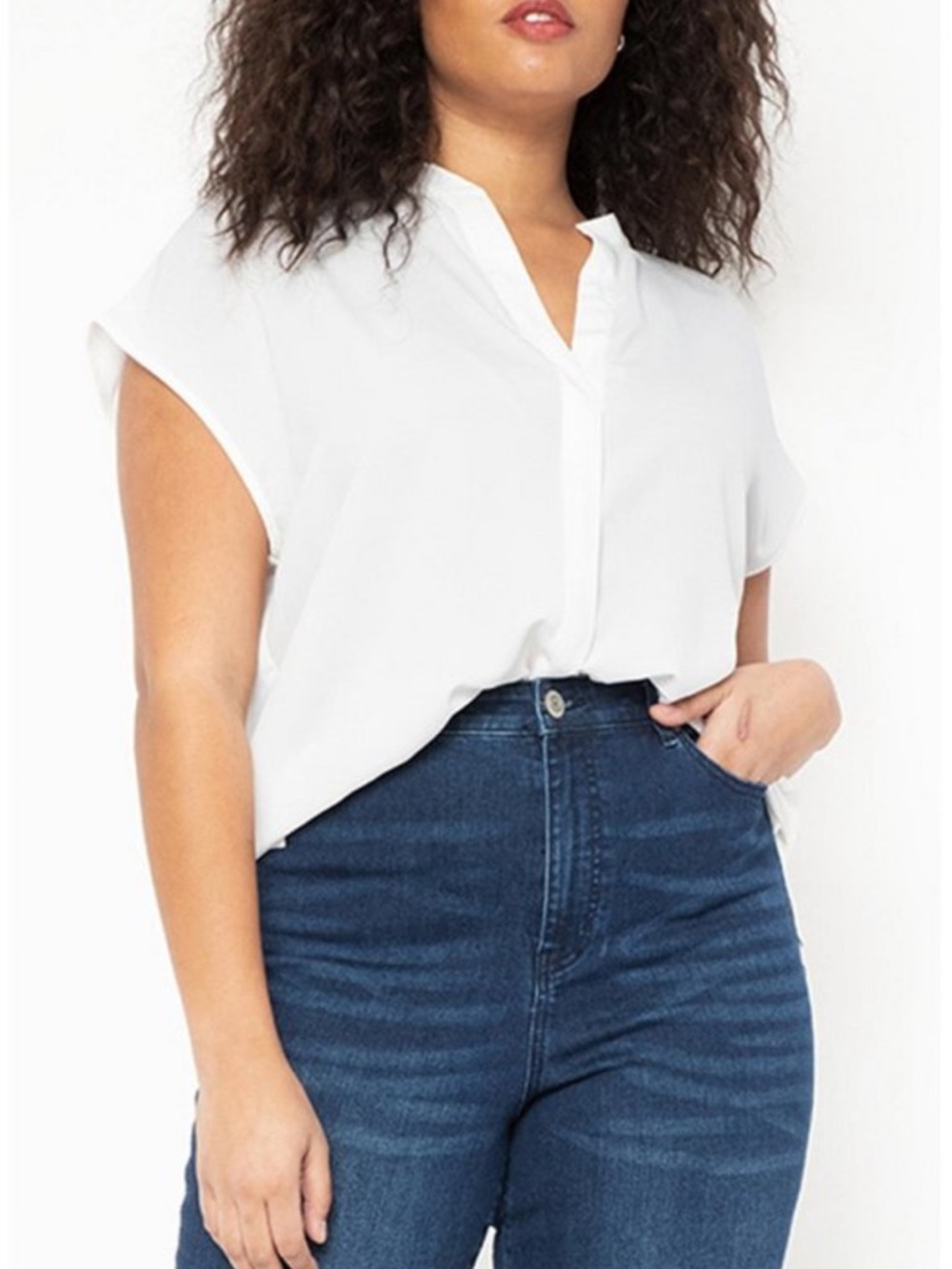 Eloquii Notch Collar Cap Sleeve Blouse Soft White V-Neck Office Career Top